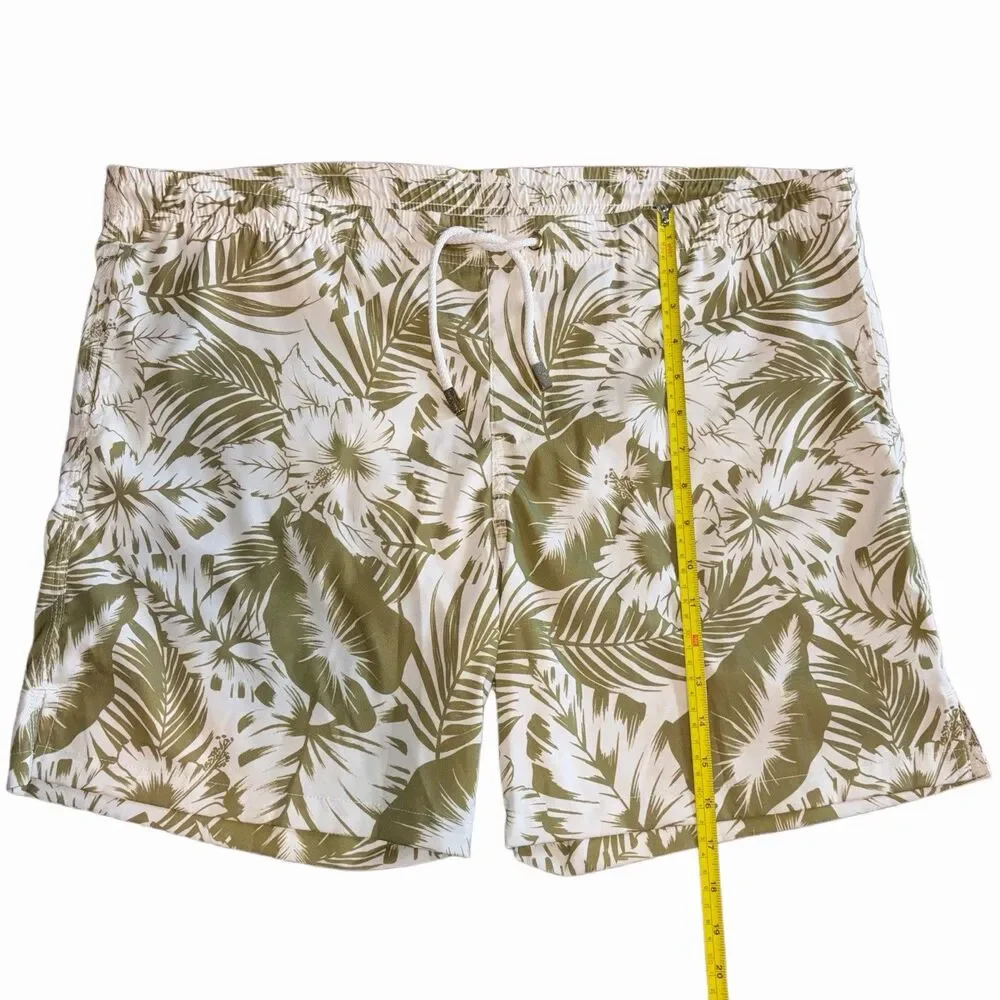 Kenny Flowers Palm Leaf Print Swim Trunks Mens Lrg White Green Lined Drawstring